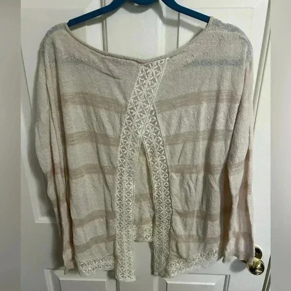Free People Tan And Cream Striped Linen Blend Split Back Blouse XS